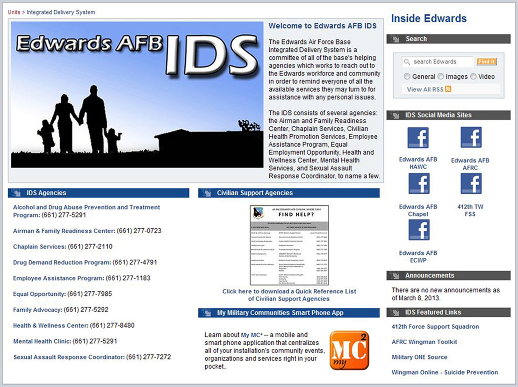 Graphic of the new web page for the Integrated Delivery System, which is a committee of all of the base's helping agencies which works to reach out to the Edwards workforce and community in order to remind everyone of all the available services they may turn to for assistance with any personal issues.