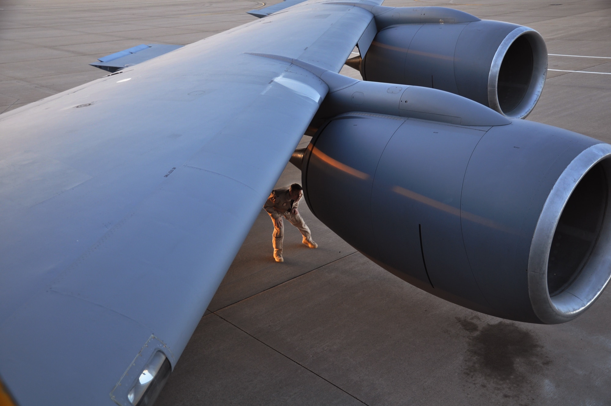 Lt. Col. Brant Abraham, a pilot from the 18th Air Refueling Squadron, performs a pre-flight inspection on a KC-135 Stratotanker at McConnell Air Force Base, Kan., March 11. 
Aircrew and support personnel from the 931st Air Refueling Group deployed to Southwest Asia in support of ongoing U.S. operations overseas. (Air Force photo by Master Sgt. Brannen Parrish)

