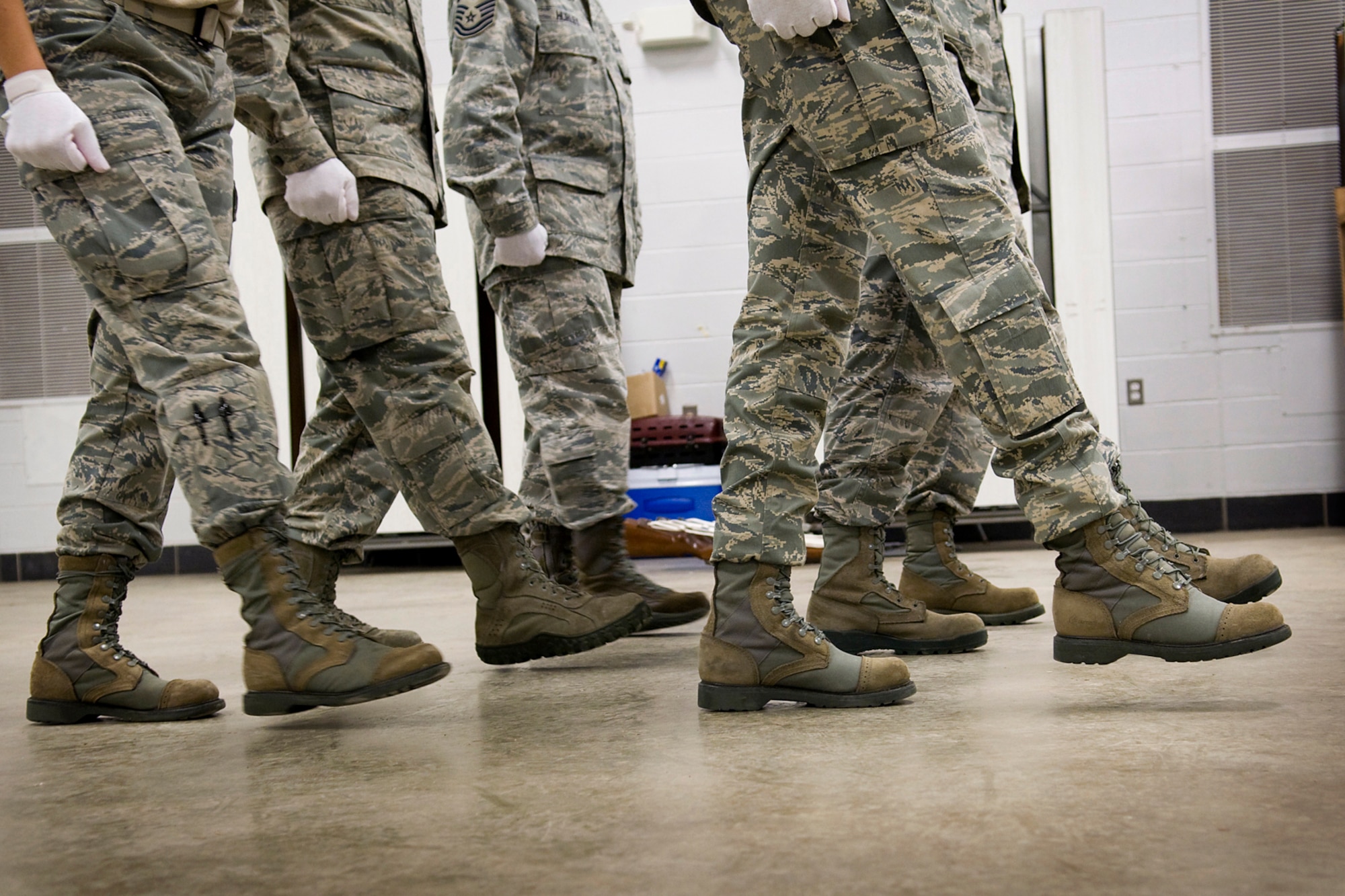 GRISSOM AIR RESERVE BASE, Ind. -- Members of the Grissom Air Reserve Base Honor Guard perform a hang step march during training here March 6. The hang step is a special march used by ceremonial guardsmen to approach a casket during a retiree or active-duty funeral. (U.S. Air Force photo/Tech. Sgt. Mark R. W. Orders-Woempner)
