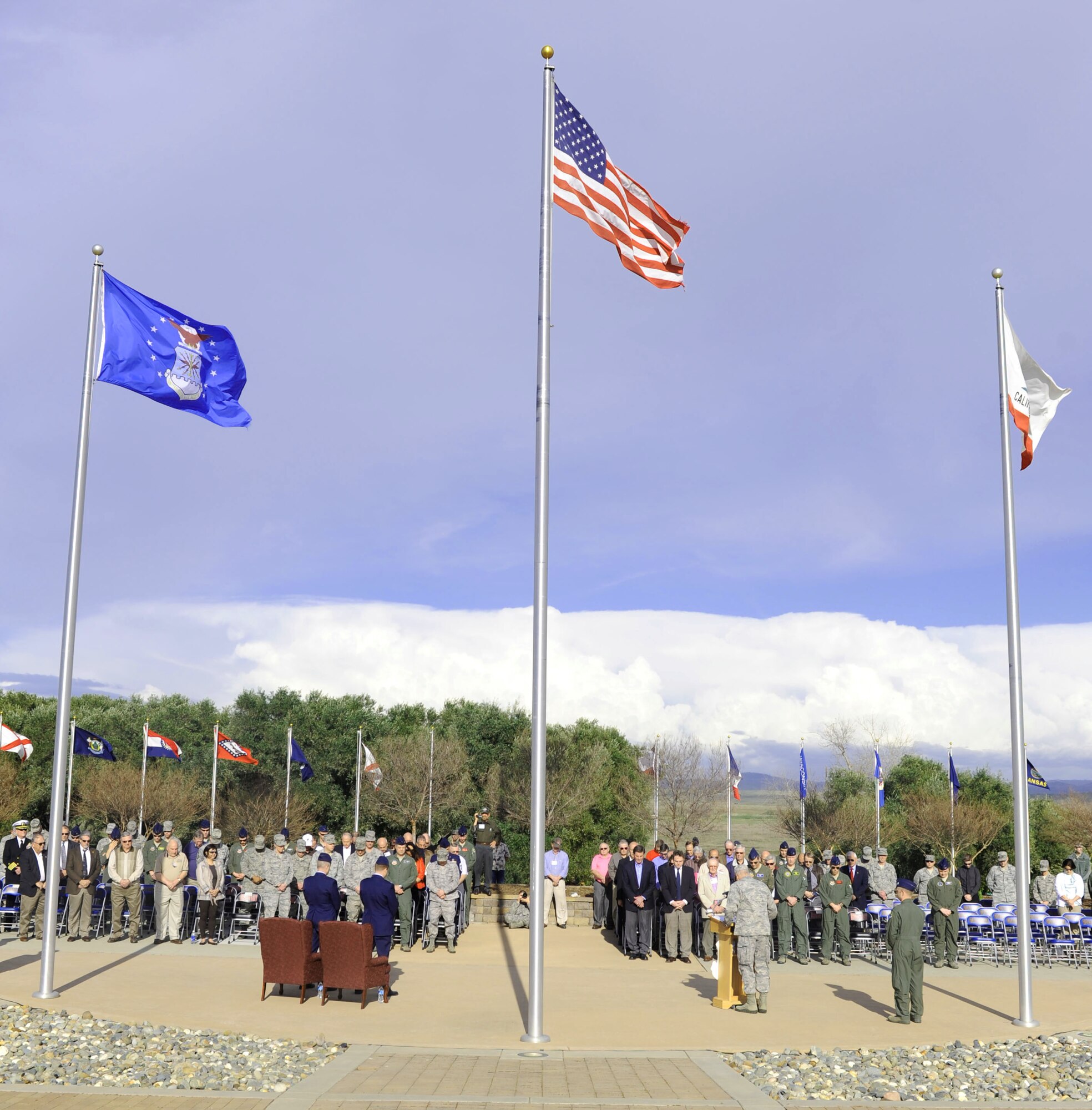 An audience gathers for the unveiling of a commemorative 1st Reconnaissance Squadron Centennial plaque on Beale Air Force Base, Calif., March 8, 2013.The 1st RS is the United States military’s oldest flying unit, first established on March 5, 1913. (U.S. Air Force photo by Airman 1st Class Bobby Cummings/Released)