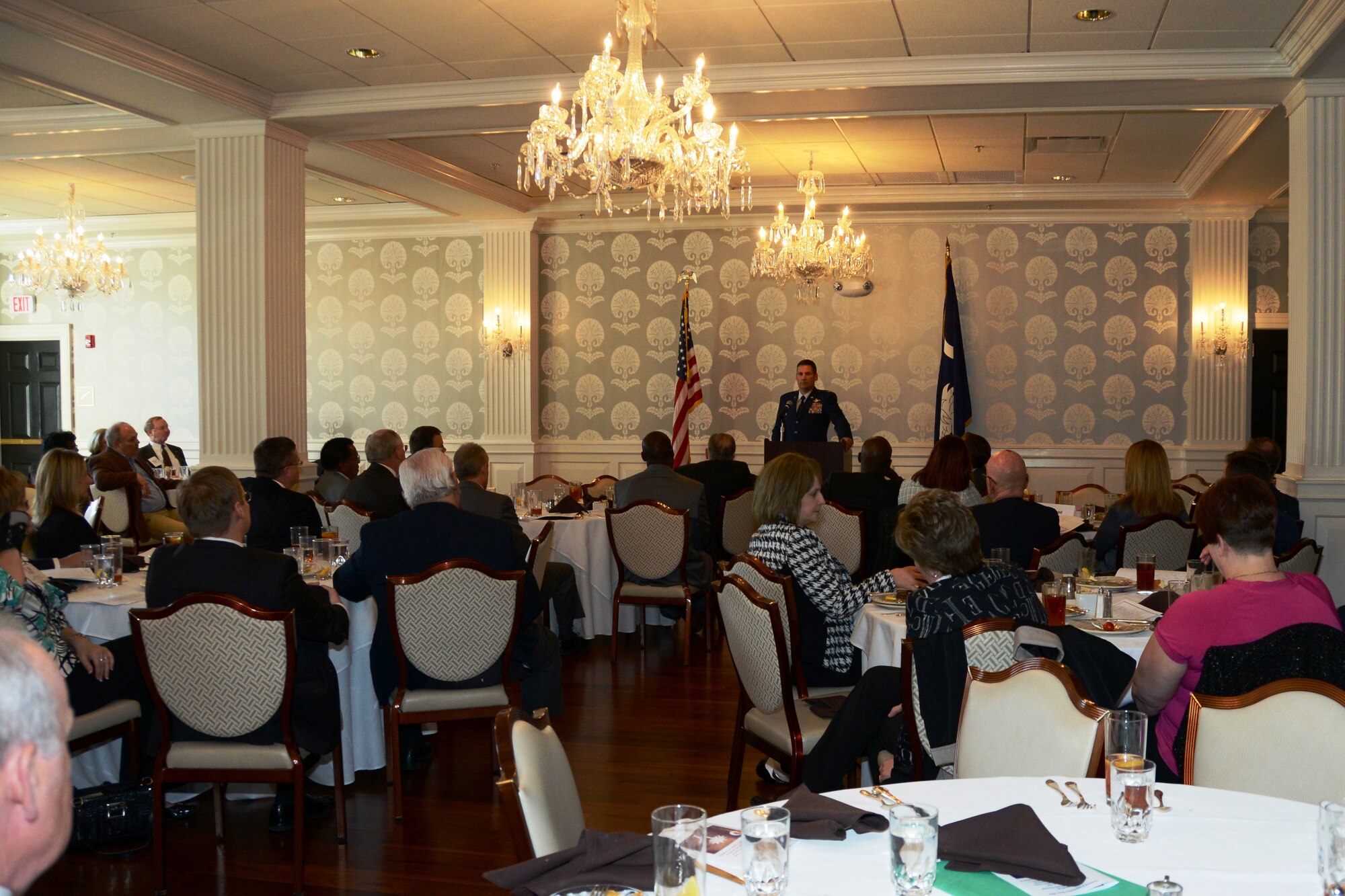U.S. Air Force Col. Clay Hall, 20th Fighter Wing commander, explains possible sequestration impacts at Sumter Legislative Day at the Columbia, S.C. Statehouse March 6, 2013. Nearly 140 business and community leaders attended the event. (Photo by Capt. Ann Blodzinski/Released)