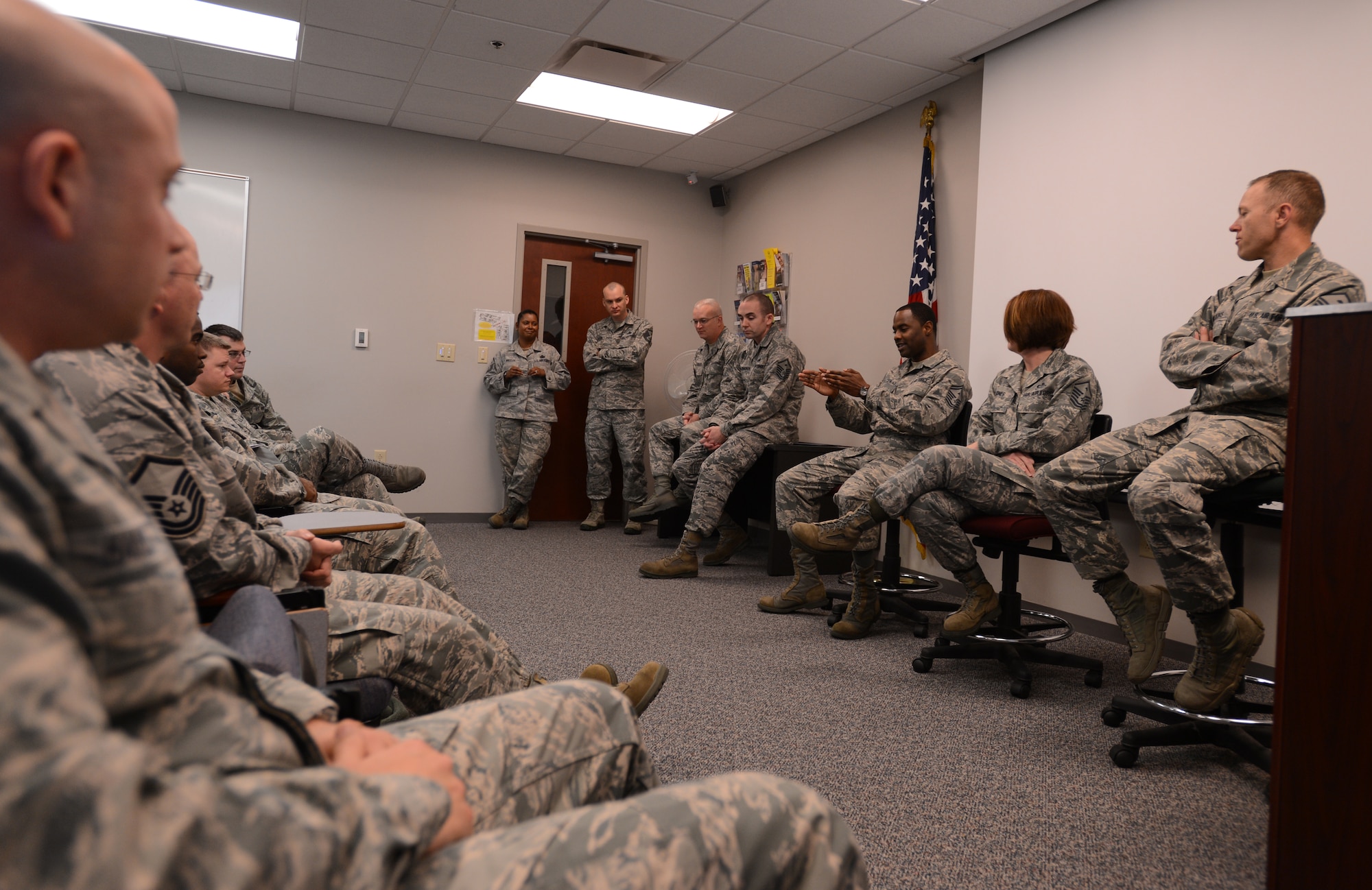 U.S. Air Force Senior Master Sgt. Damon Pettaway, 20th Security Forces Squadron first sergeant, talks to NCOs of Team Shaw at the first sergeants' symposium at Shaw Air Force Base, S.C., March 7, 2013. Shaw NCOs gathered for a first sergeants' symposium where they learned the duties that are associated with the job, received advice, as well as asked questions. (U.S. Air Force photo by Senior Airman Tabatha Zarrella/Released)

