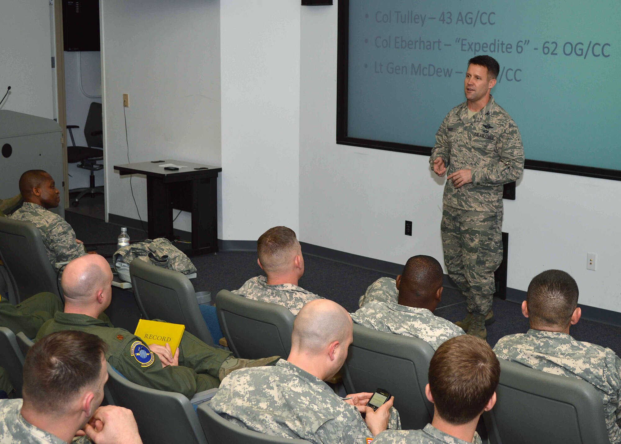 Col Daniel Tulley, 43rd Airlift Group commander, provides comments during the Joint combined arms rehearsal briefing during the Joint Operational Access Exercise (JOAX) 13-02 at Pope Army Airfield, Fort Bragg, N.C. on Feb 26.  A JOAX is a combined joint training exercise designed to prepare elements of the 82nd Airborne Division, along with its partners and enablers, to respond as part of the Global Response Force.
