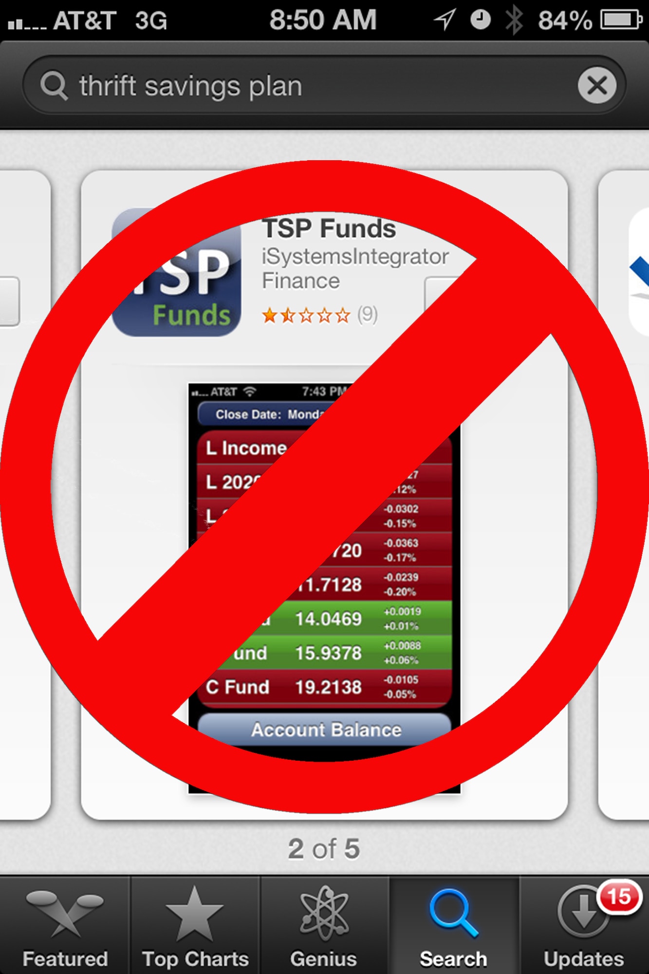 The Thrift Saving Plan website warns patrons to avoid downloading and installing the free "TSP Funds" app from the Apple App store. The app is not sanctioned by TSP. (U.S. Air Force graphic/Philip Rhodes)