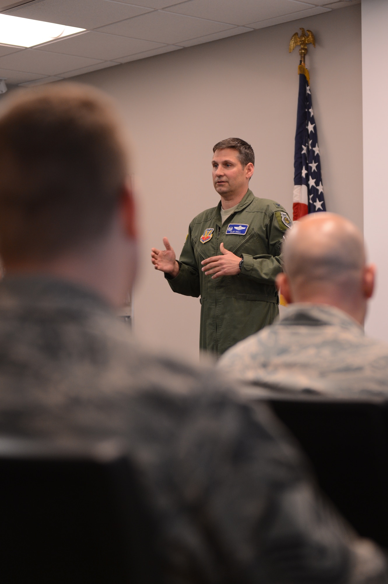 U.S. Air Force Col. Clay Hall, 20th Fighter Wing commander, speaks to NCOs during a first sergeants' symposium about what he would expect from them if they became first sergeants, Shaw Air Force Base, S.C., March 7, 2013. The symposium was for NCOs who are interested in becoming a first sergeant. They learned the duties that are associated with the job, received advice, as well as asked questions. (U.S. Air Force photo by Senior Airman Tabatha Zarrella/Released)
