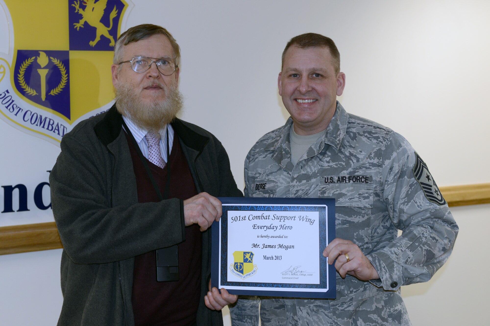 RAF ALCONBURY, United Kingdom - Jim Mogan, 501st Combat Support Wing inspector general, was named the March 501st Everyday Hero from the 501st Combat Support Wing staff agencies. While managing a one deep position, Mogan also undertook the role of the wing historian when the historian was deployed for four and half months. (U.S. Air Force photo by Tech. Sgt. Chrissy Best)