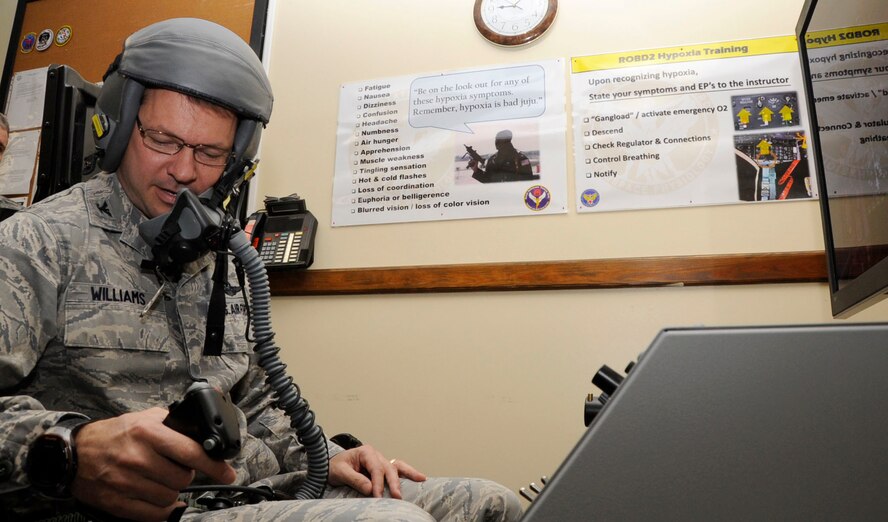 U.S. Air Force Col. Stephen Williams, 35th Fighter Wing commander, adjusts the reduce oxygen breathing device version two, controls in the 35th Operations Group building at Misawa Air Base, Japan, March 12, 2013. Prior to receiving a new hypoxia familiarization trainer, pilots would go through physiological training in a low-pressure chamber every five years. (U.S. Air Force photo by Airman 1st Class Kenna Jackson)