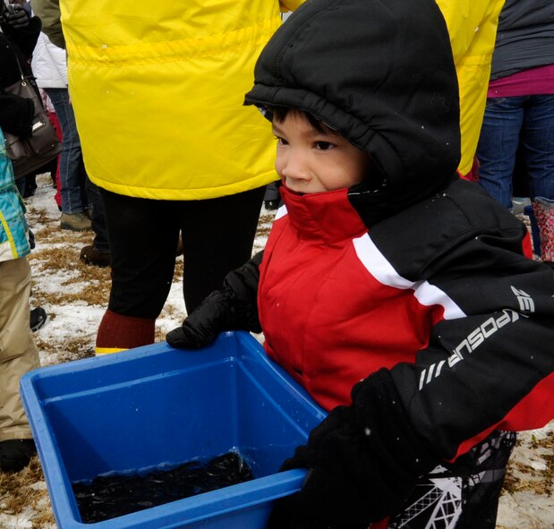 A child carries a bin full of baby salmon near Oirase River during the 16th Annual Baby Salmon Release at Oirase Salmon Park in Oirase Town, Japan, March 9, 2013. The baby salmon were bred from a seasonal migratory salmon catch. While attending the annual release, children often are taught about ecological conservation by replenishing the salmon population. (U.S. Air Force photo by Airman 1st Class Kenna Jackson)