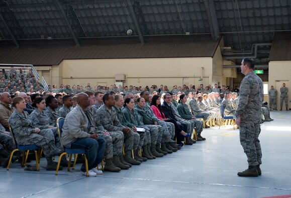 YOKOTA AIR BASE, Japan -- Col. Mark August, 374th Airlift Wing commander, addresses the wing during a commander's call at Yokota Air Base, Japan, March 12, 2013. August discussed the way ahead for Yokota, which, like other U.S. military installations, faces significant budget cuts as a result of sequestration. He stated that now is in fact a good time to be at Yokota, since the wing's current challenges present opportunities for leaders and their teams to prove themselves. (U.S. Air Force photo/Senior Airman Andrea Salazar) 

