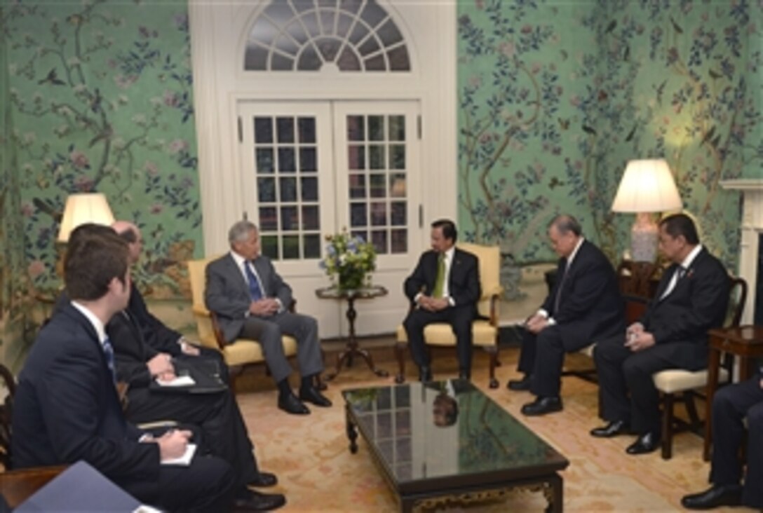 Secretary of Defense Chuck Hagel, fourth from left, meets with the Sultan of Brunei Hassanal Bolkiah, second from right, at Blair House in Washington, D.C., on March 12, 2013.  Hagel and Hassanal discussed Asia-Pacific matters and the realignment of U.S. forces to that region in the coming years.  Brunei will host the East Asia Summit and U.S.-ASEAN Summit this fall.  