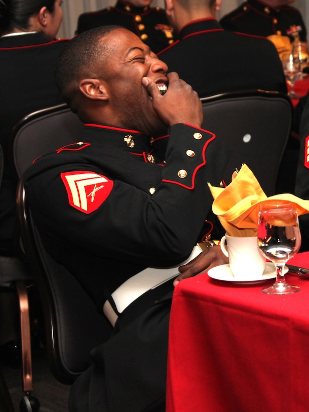 Cpl. Rico Marles, avionics collateral duty inspector with Marine Heavy Helicopter Squadron 462 and a Monroe, La., native, laughs during a non-commissioned officer mess night at the officer’s club aboard Marine Corps Air Station Miramar, Calif., March 8. Throughout the night, Marines played jokes on one another as a part of the traditions of the mess night.   