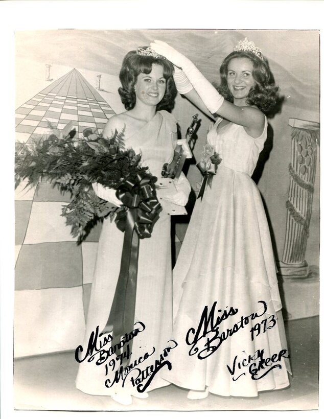 Monica Patterson Sims, a purchasing agent on Marine Corps Logistics Base Barstow, Calif., is crowned Miss Barstow 1974 by the previous Miss Barstow, February 16, 1974 at the Barstow Community Center. Patterson-Sims, an 18-year-old at the time, competed against 12 other young women to win the title.  