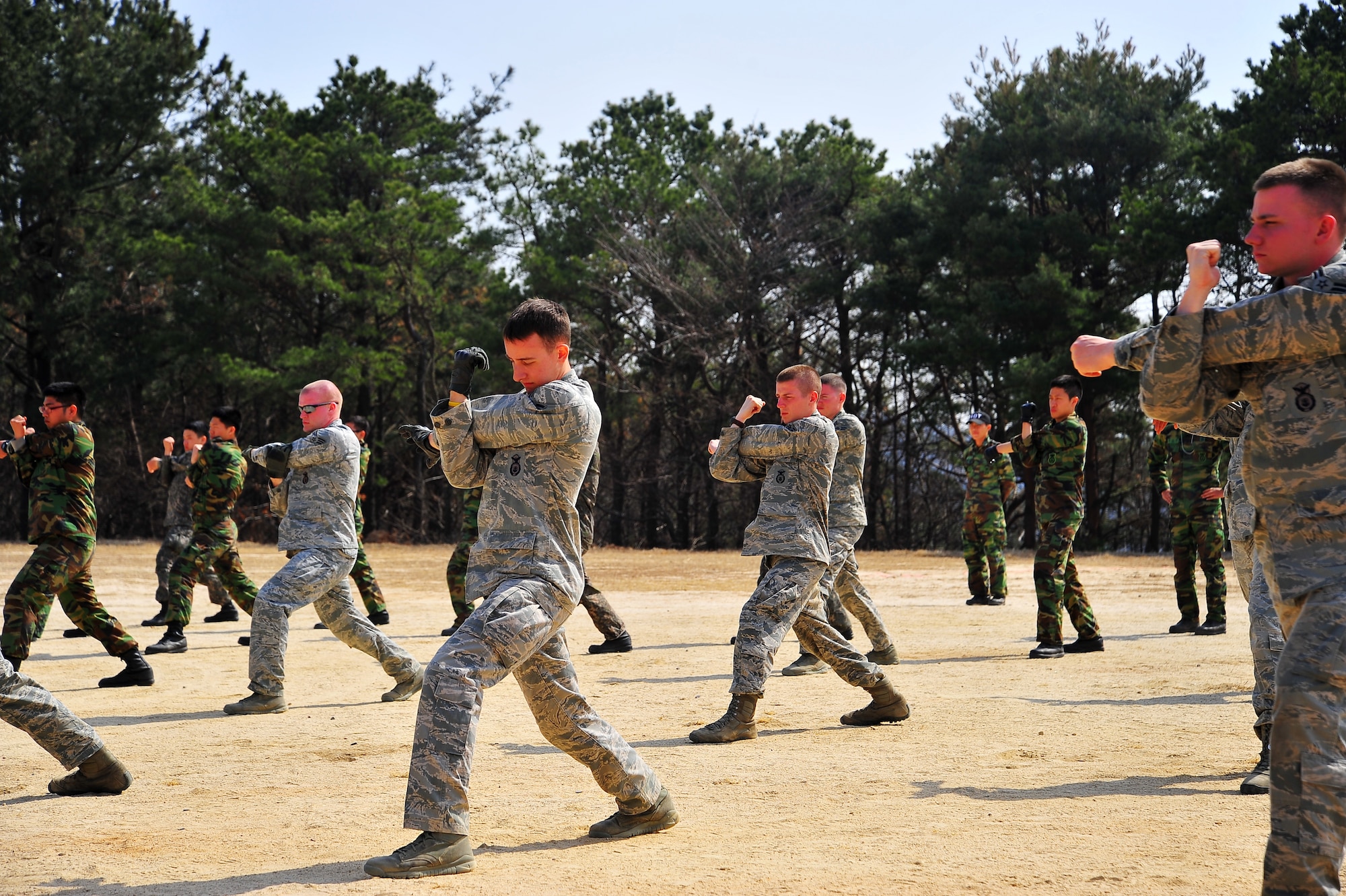 The 51st Security Forces Squadron Airmen and Republic of Korea Air Force air police members stretch before going through another set of training exercises at the Jinjui Air Force Education and Training Command ROK, March 6, 2013.  The air police special duty team course presents an opportunity for 51st SFS Airmen to understand how their Korean counterparts work.  (U.S. Air Force photo/Staff Sgt. Emerson Nuñez)