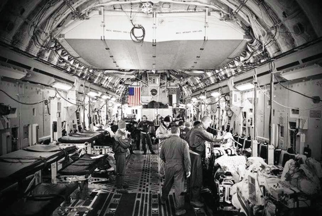Aeromedical personnel tend to wounded warriors while onboard a C-17 Globemaster
III. Missions transport the injured from areas of responsibility to Ramstein AB, Germany, the regional contingency aeromedical staging facility. There, wounded will be assessed for continued care, in which they will be transferred to Lundstul Army Hospital if unstable, or released to travel stateside for continued recovery. (U.S. Air Force courtesy photo)