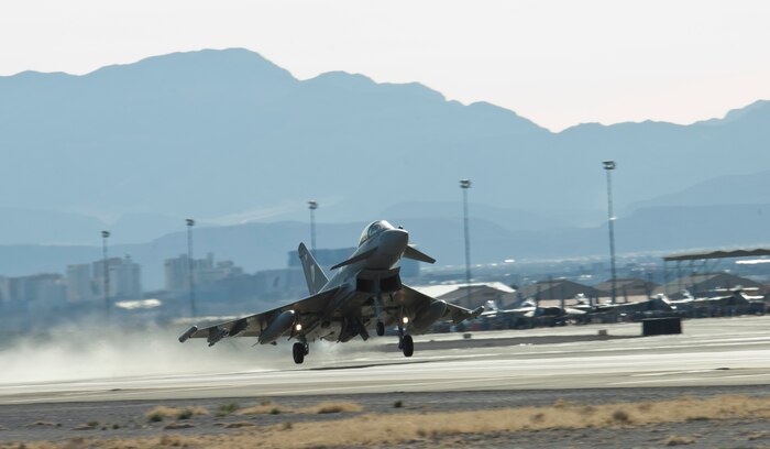 A Royal Air Force Typhoon FGR4 takes off during Red Flag 13-3 at Nellis Air Force Base, Nev., Feb. 27, 2013. The Typhoons are participating in Red Flag at Nellis for the first time, honing tactics and skills necessary in operations among allied forces. (U.S. Air Force photo by Caitlin Kenney)
