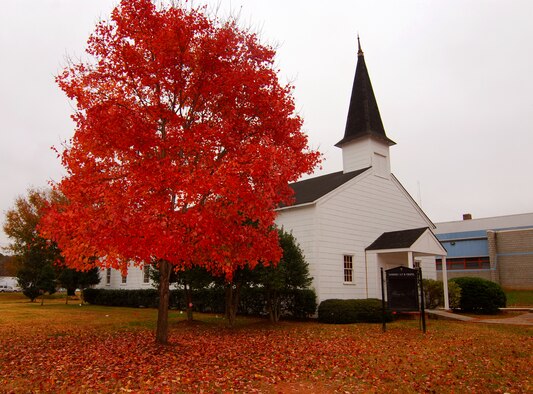 Maple leaves peak in color just before Thanksgiving Day around the Dobbins Air Reserve Base chapel, Nov 24, 2010.  (U.S. Air Force photo/Brad Fallin)