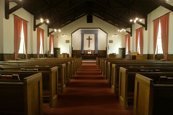 The interior of the Dobbins Air Reserve Base Chapel, image originally captured May 4, 2005, is a familiar site to those who have attended services and numerous events and ceremonies to include weddings conducted throughout the years. (U.S. Air Force photo/Don Peek)