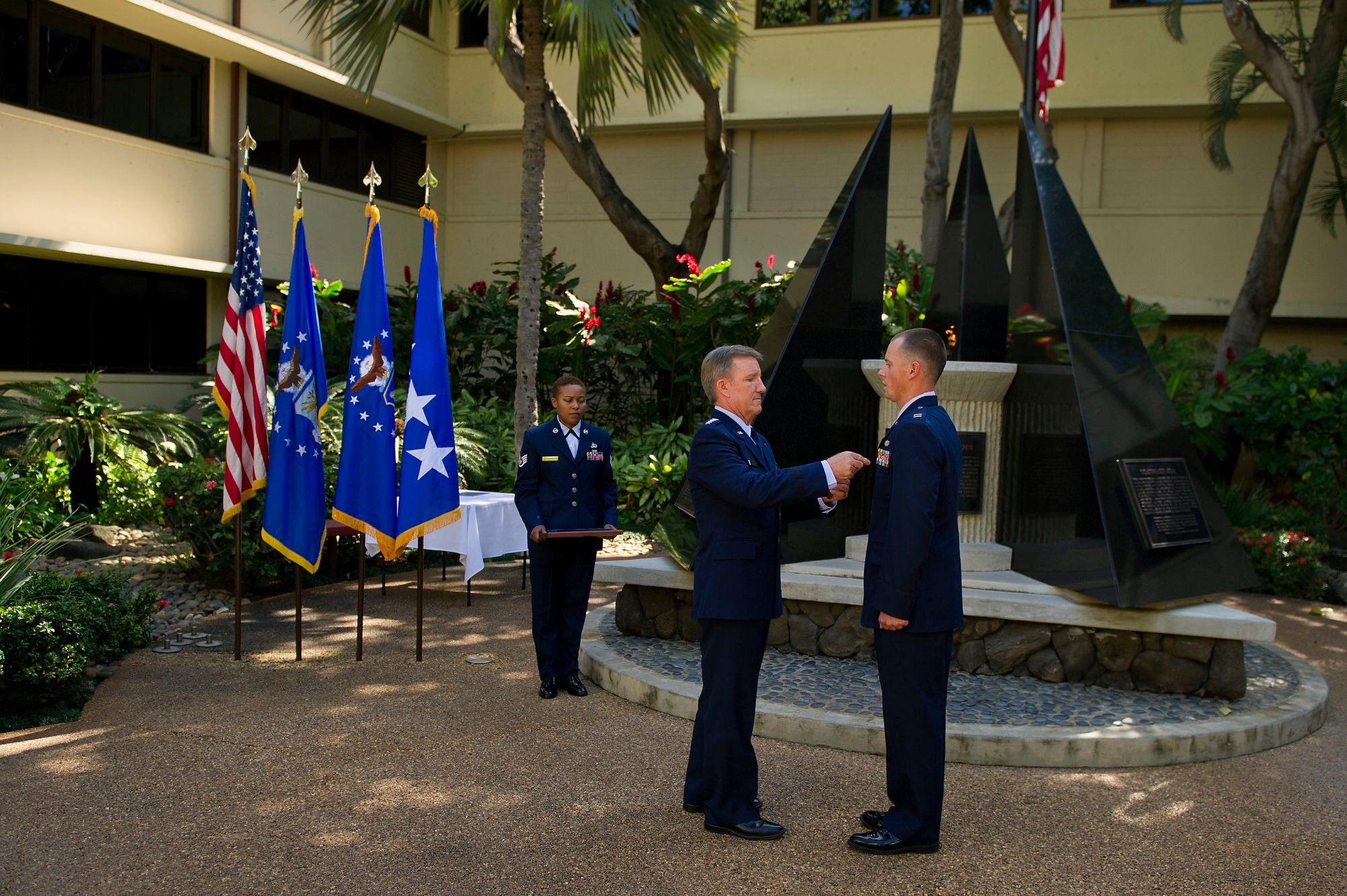 U.S. Air Force Gen. Hawk Carlisle, Pacific Air Forces commander, presents Capt. Matt Adams, 647th Air Base Group, the Airman's Medal for heroism involving voluntary risk of life at Nauyaca Waterfalls, Platanillo, Costa Rica, Jan. 1, 2011.  On that date, Adams witnessed another officer fall from a 25-foot cliff, landing on the rocks below and hitting his head and back before sinking to the bottom of a pool below the waterfall.  With complete disregard for his own safety, he dove from the same cliff and over the boulders below to swim down 20 feet to the bottom of the pool where he located the unconscious victim and transported him to shore. (Department of Defense photo by U.S. Air Force Tech. Sgt. Michael R. Holzworth/Released)