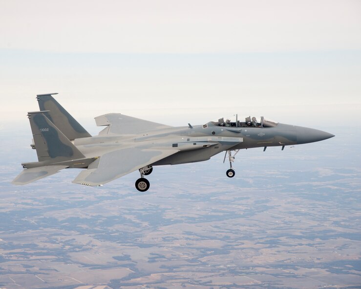 An F-15SA makes its first flight over St. Louis Feb. 20, 2013. The advanced fighter features a Fly-By-Wire flight control system and is being built by Boeing for the Royal Saudi Air Force. The Air Force Life Cycle Management Center at Wright-Patterson Air Force Base, Ohio, oversees program management for the foreign military sale, the largest in U.S. history. (Boeing photo/Kevin Flynn)