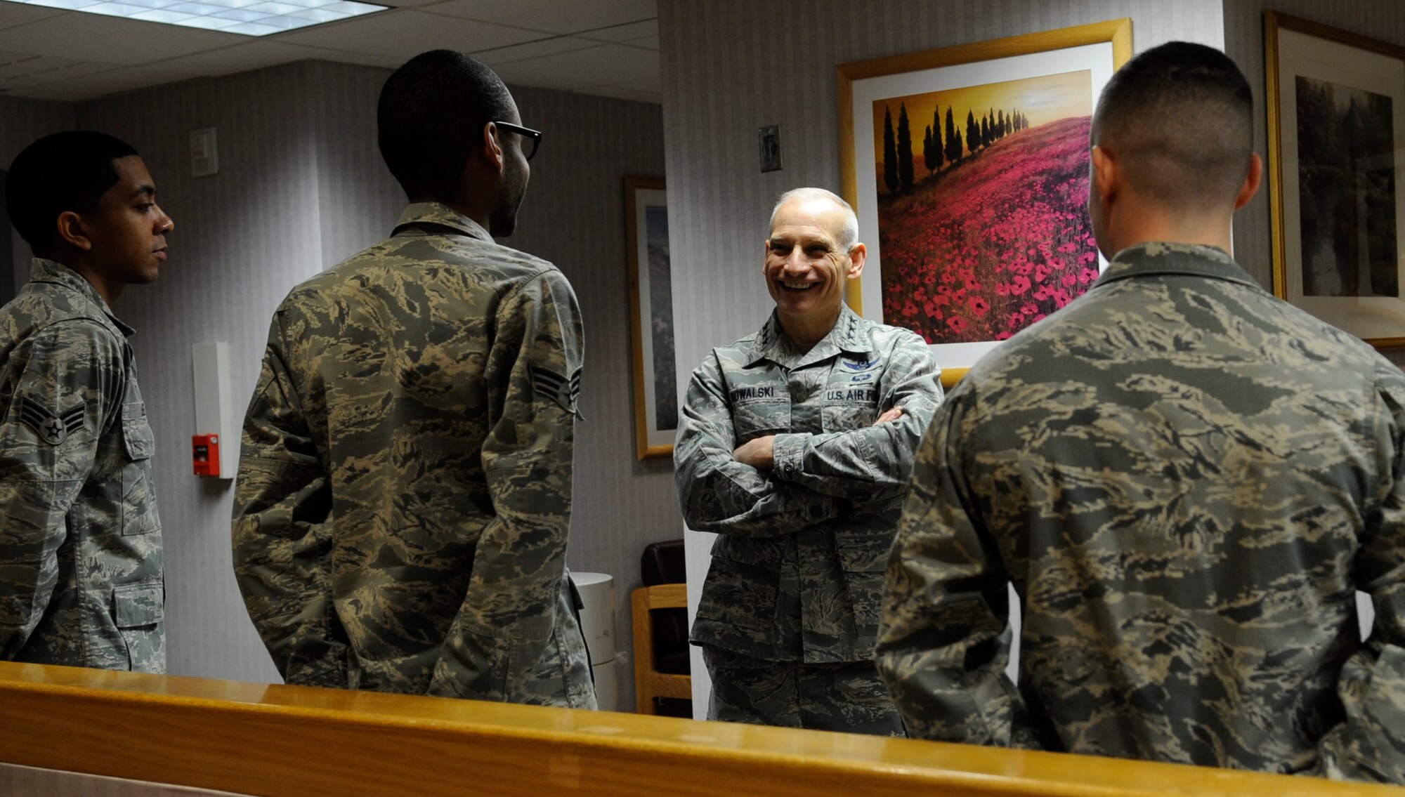 WHITEMAN AIR FORCE BASE, Mo. – Lt. Gen. James M. Kowalski, Air Force Global Strike Command commander, visits with Airmen from the 509th Medical Group lab, pharmacy and radiology departments during his base tour here Mar. 13. Kowalski also visited the dental, public health, immunizations, in-place patient decontamination, ambulance services, flight medicine and aerospace physiology sections.  (U.S. Air Force photo/Staff Sgt. Alexandra M. Boutte) (RELEASED)