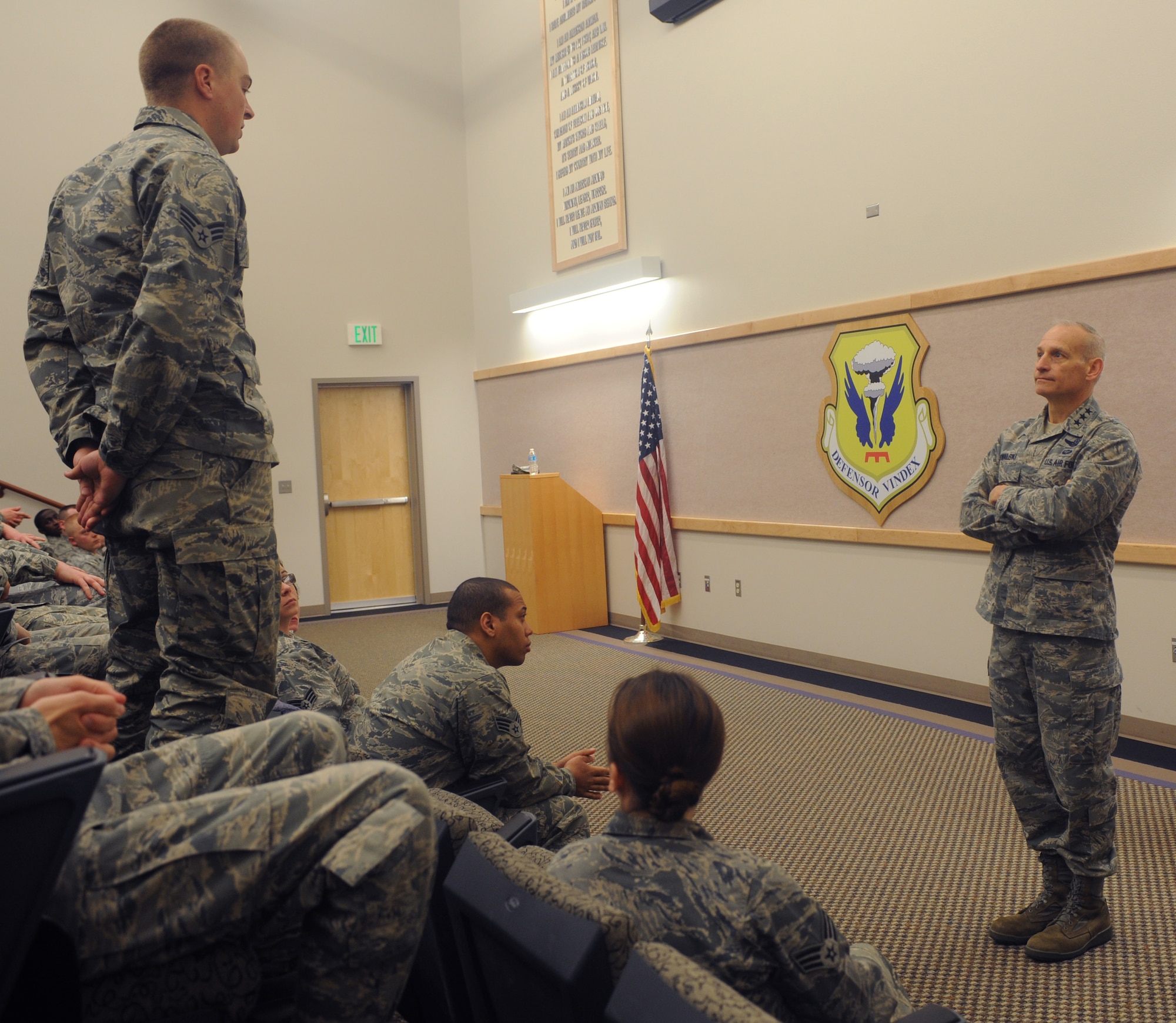 WHITEMAN AIR FORCE BASE, Mo. – Senior Airman Kyle Hunter of 509th Maintenance Squadron, and Airman Leadership School student, answers a question posed by Lt. Gen. James M. Kowalski, Air Force Global Strike Command commander, during his visit to the ALS schoolhouse at Whiteman Air Force Base, Mar. 12. The general asked Airmen what leadership qualities they have learned from their supervisors and what qualities they will try to embody when they become first-line supervisors themselves. (U.S. Air Force photo/Staff Sgt. Jason Huddleston) (RELEASED)