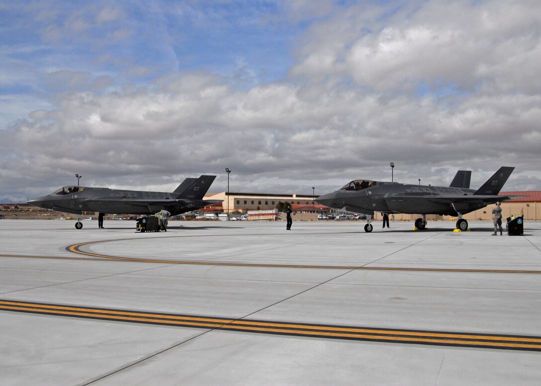 A new phase of testing with the F-35 Lightning II program begins with the arrival Mar. 6 of the first two operational test aircraft at Edwards. (U.S. Air Force photo by Laura Mowry)