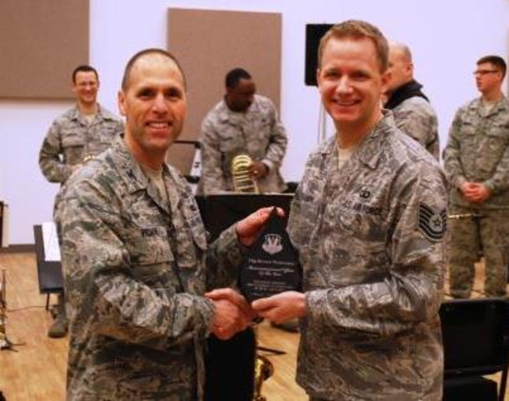 Col Todd Vician presents TSgt Bennett Weidemann with the 2012 Air Combat Command Public Affairs Outstanding NCO of the Year award. A deserved recognition for one of our outstanding Airmen!
