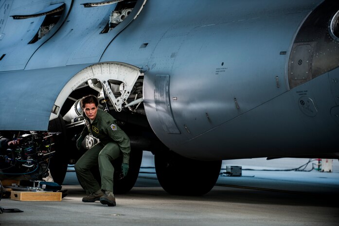 Actress Brooke Shields rehearses a scene where she performs pre-flight checks on a C-17 Globemaster III during an on-location filming session Feb. 28, 2013, at Joint Base Charleston - Air Base, S.C. Army Wives tells the story of four women and one man who are brought together by their common bond - they all have military spouses. The series is based on the book "Under the Sabers: The Unwritten Code of Army Wives" by Tanya Biank and is produced by ABC Television Studio and The Mark Gordon Company. (U.S. Air Force photo/ Senior Airman George Goslin)