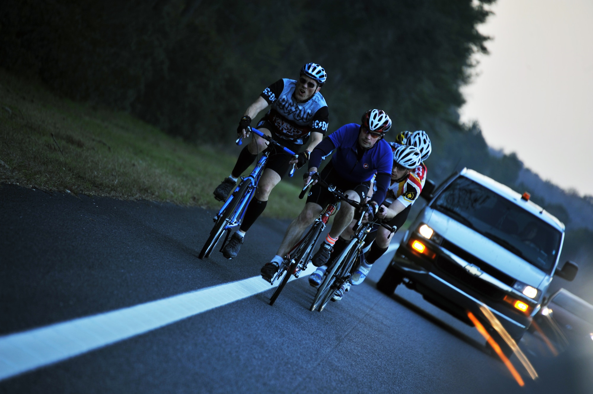 A team from Air Command and Staff College cycles through one leg of the ACSC Warrior Relay from Maxwell Air Force Base in Montgomery, Ala., to MacDill Air Force Base in Tampa, Fla., March 8. Nine teams of seven members alternated on the 48- hour nonstop journey to Florida’s gulf coast. (U.S. Air Force photo by Airman 1st Class William Blankenship) 