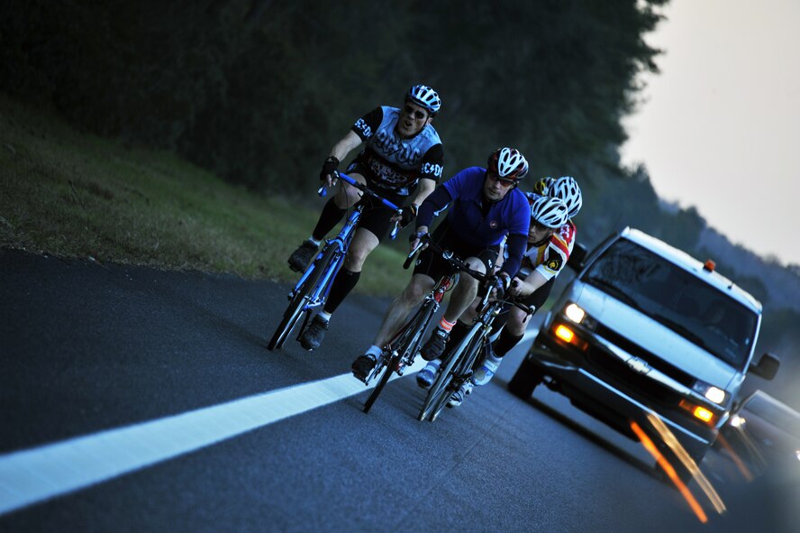 A team from Air Command and Staff College cycles through one leg of the ACSC Warrior Relay from Maxwell Air Force Base in Montgomery, Ala., to MacDill Air Force Base in Tampa, Fla., March 8. Nine teams of seven members alternated on the 48- hour nonstop journey to Florida’s gulf coast. (U.S. Air Force photo by Airman 1st Class William Blankenship) 