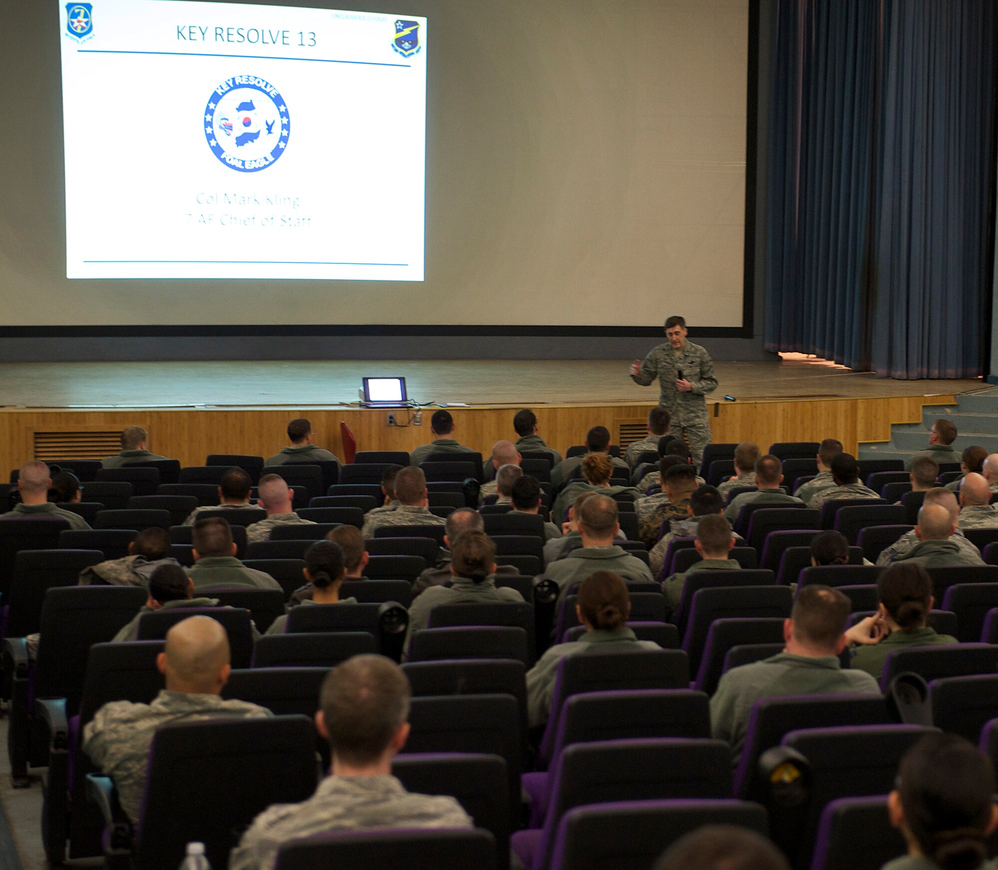 Air Force Col. Mark Kling, 7th Air Force chief of staff, briefs participants of Exercise Key Resolve at the base theater March 11, 2013 at Osan Air Base, Republic of Korea. Key Resolve is an annual exercise to improve the capacity of the alliance between the United States and the Republic of Korea to deter aggression and reinforce the United States' commitment to the Republic of Korea. (U.S. Air Force photo/Staff Sgt. Zachary Wolf)