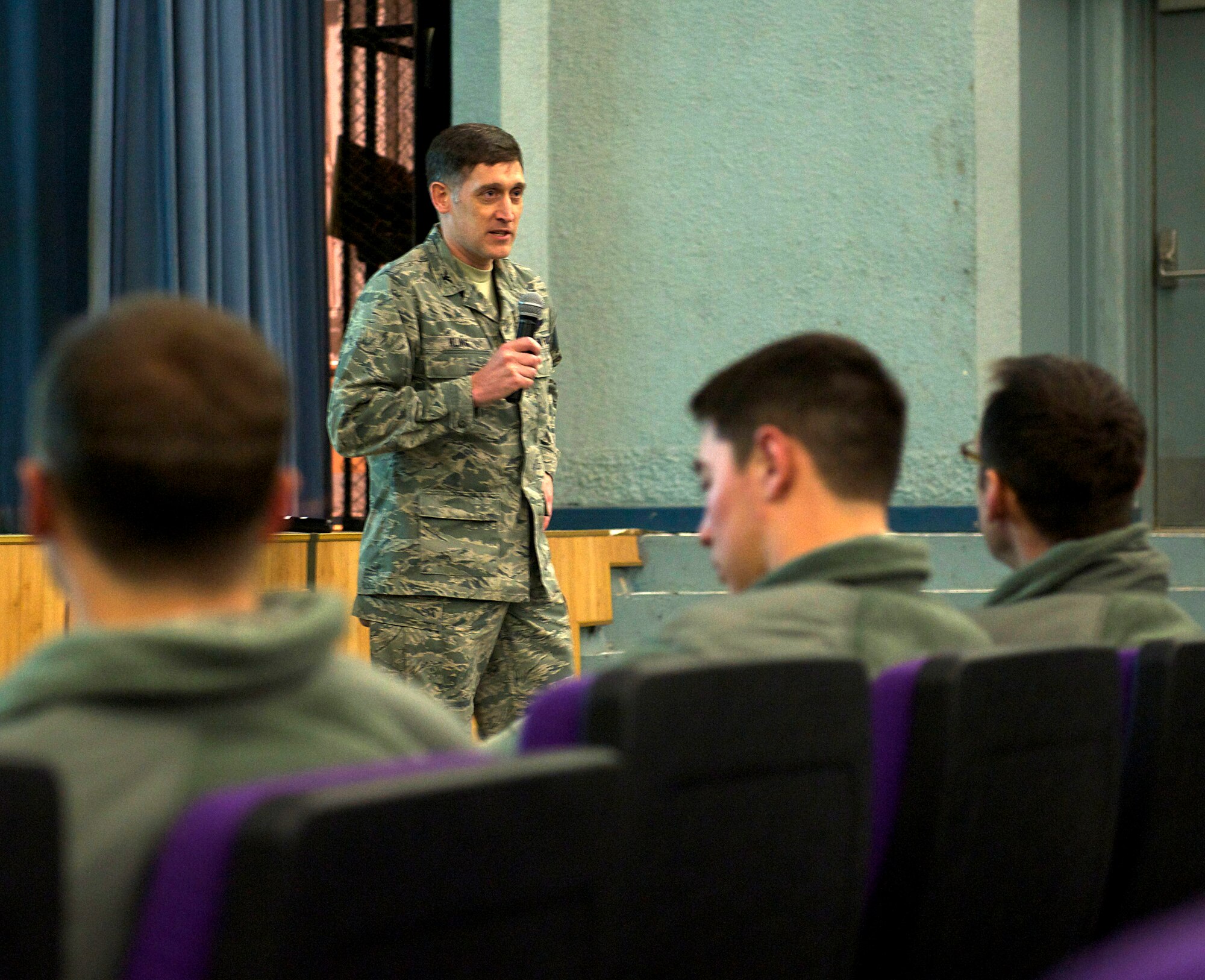 Air Force Col. Mark Kling, 7th Air Force chief of staff, briefs participants of Exercise Key Resolve at the base theater March 11, 2013 at Osan Air Base, Republic of Korea. Key Resolve is an annual exercise to improve the capacity of the alliance between the United States and the Republic of Korea to deter aggression and reinforce the United States' commitment to the Republic of Korea. (U.S. Air Force photo/Staff Sgt. Zachary Wolf)