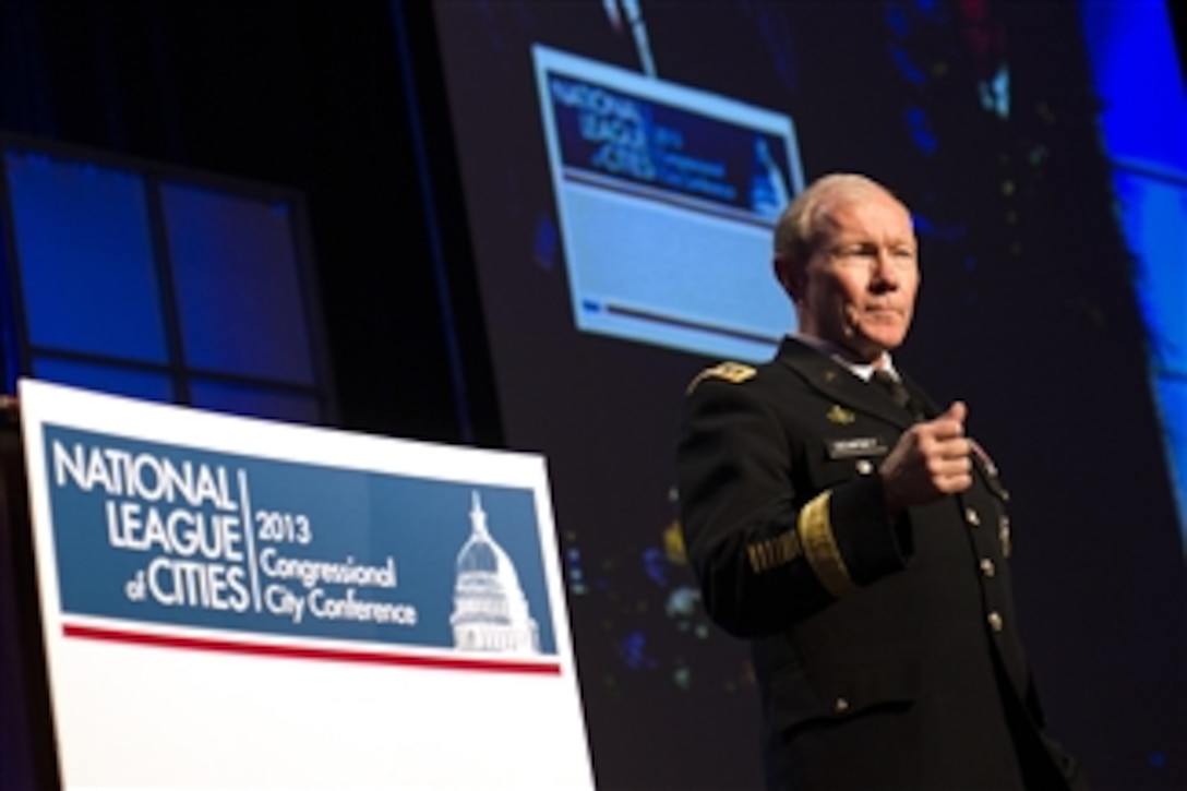 Chairman of the Joint Chiefs of Staff Gen. Martin E. Dempsey talks to the audience about the newest generation of veterans and the effects of sequestration on the Department of Defense at the annual National League of Cities Conference in Washington, D.C., on March 11, 2013.  