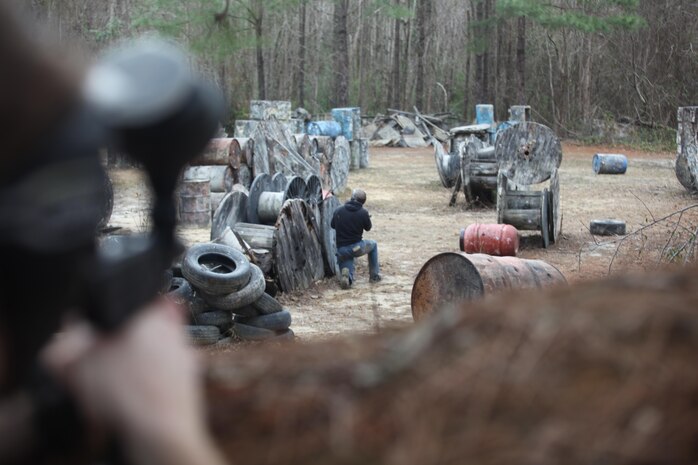 Marines with Headquarters and Headquarters Squadron departed Marine Corps Air Station New River to engage in a stress relieving game of paintball, Feb. 28. The paintball game was part of Operation Adrenaline Rush, whose goal is to provide Marines with outdoor recreational activities to mitigate boredom and stress. 