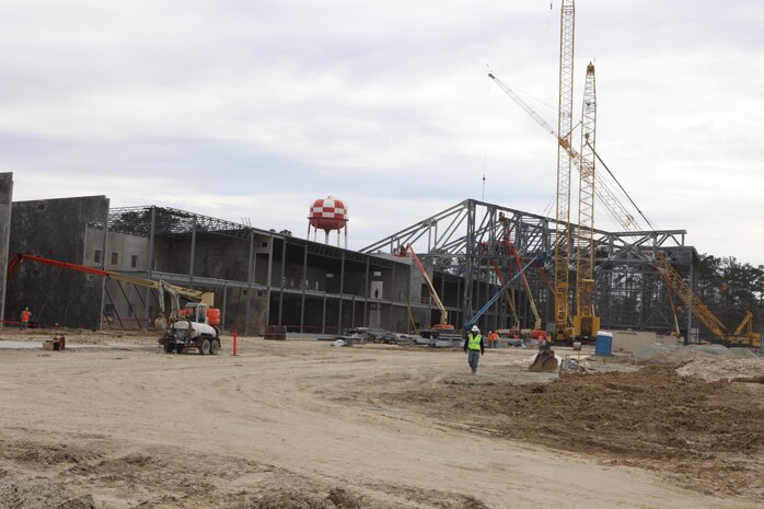 The new "Super Hangar" being built aboard Marine Corps Air Station New River will be the largest structure in Marine Corps History. The estimated completion date is July 2014. The hangar will host Marine Heavy Helicopter Squadron 366 and Marine Light Attack Helicopter Squadron 467 from MCAS Cherry Point. 