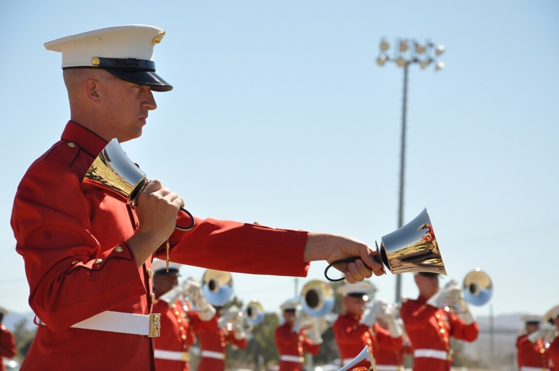 A member of the ‘Commandant’s Own’ Drum and Bugle Corps performs his part during the ensemble’s ‘Music in Motion’ show March 11 at Marine Corps Logistics Base Barstow. During the show, the band played traditional songs such as the Star-Spangled Banner along with music selections from the upcoming show “Motown the Musical.”