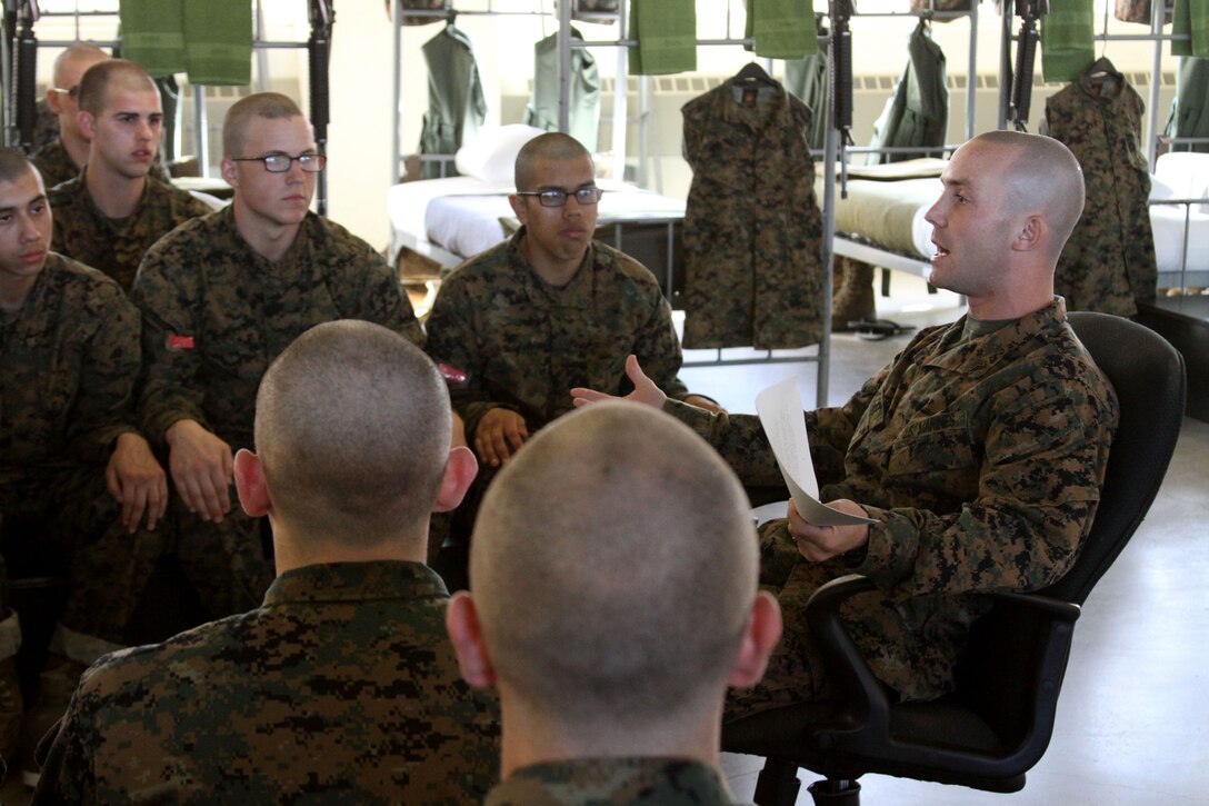Sgt. Joshua P. McGee, senior drill instuctor, Platoon 1062, Company D, 1st Recruit Training Battalion, Recruit Training Regiment, speaks to his platoon during core values class. Core values class is a tool used to let recruits that a higher standard of personal conduct is expected of them once they become United States Marines.