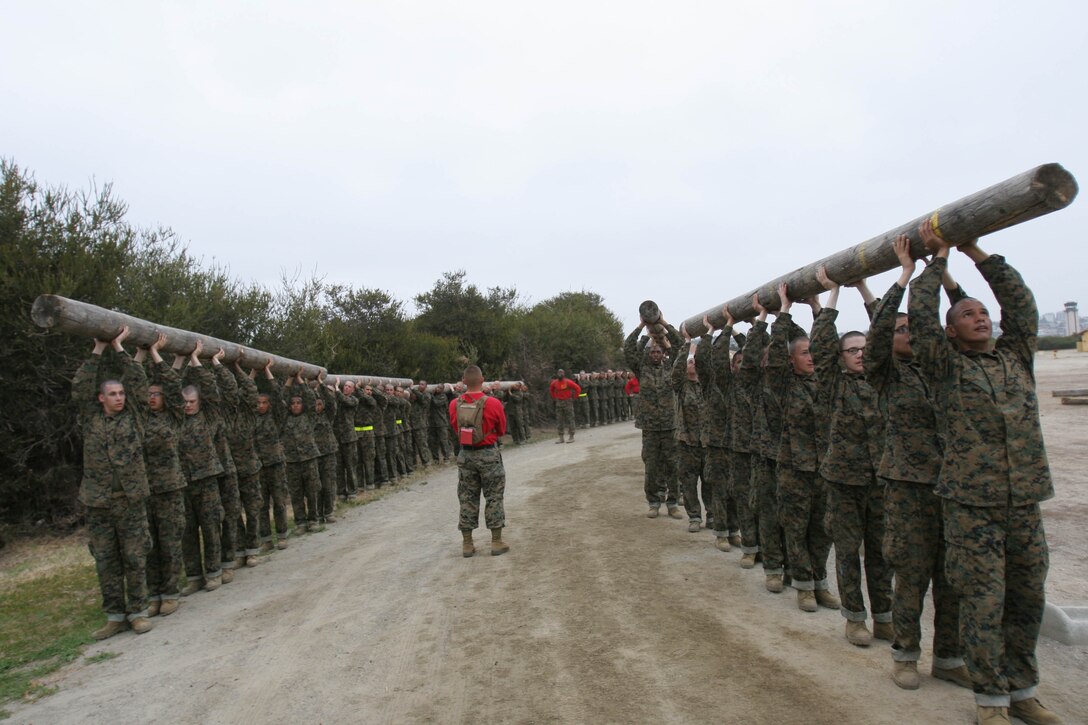 Recruits of Company D, 1st Recruit Training Battalion, work in teams to carry a log weighting approximately 250 pounds each, during a March 5 exercise promoting teamwork and physical fitness. 