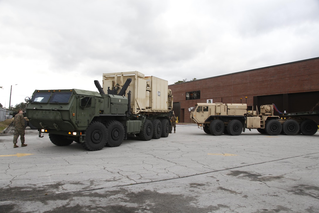 Tactical semitrucks with Marine Wing Support Squadron 274 prepare for departure to Marine Corps Auxiliary Landing Field Bogue from Cherry Point March 6, carrying gear for Exercise Carolina Thunder. MWSS-274 will support two flying squadrons and a headquarters element from MAG-29 starting Monday.

