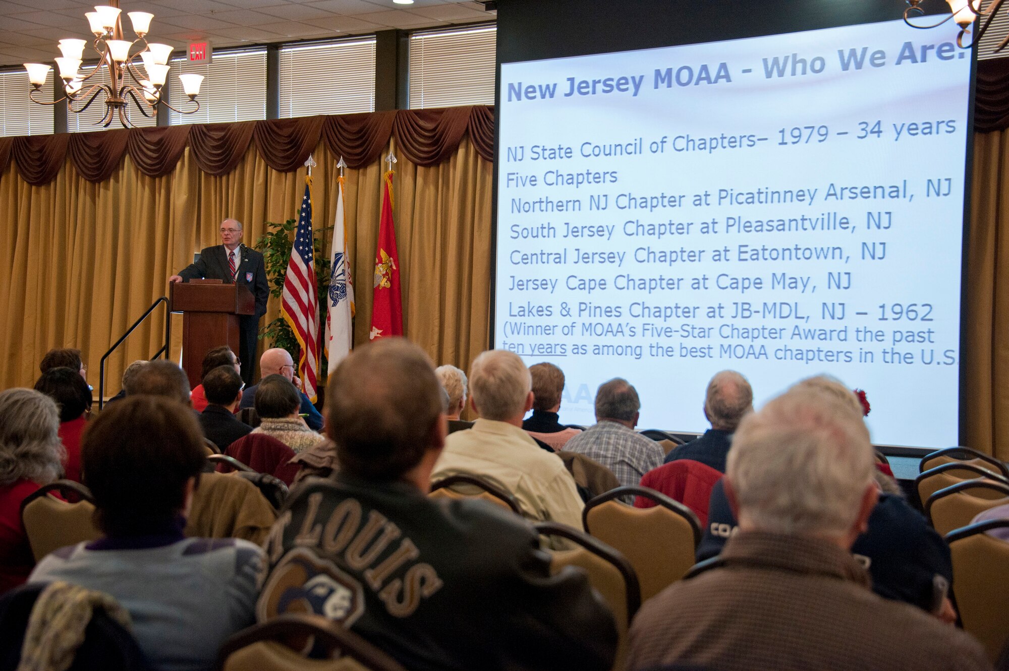Retired Lt. Col. Raymond Russell, Lakes and Pines Chapter Military Officers Association of America legislative chairman, briefs attendees during the Retiree Appreciation Day event March 9, 2013, at Tommy B's Community Activities Center on Joint Base McGuire-Dix-Lakehurst, N.J. Russell briefed the retirees on benefits and financial hardships hitting veterans and retirees due to proposed legislation. (U.S. Air Force photo by Staff Sgt. David Carbajal/Released)