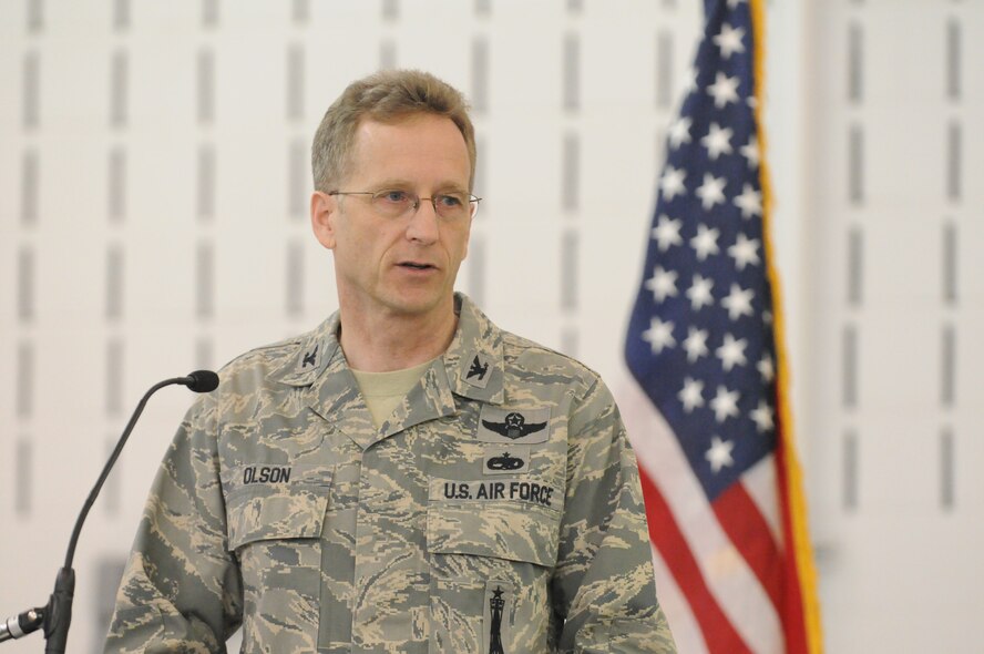 Col. Kent Olson addresses his unit for the first time as 119th Wing commander March 14 at the North Dakota Air National Guard, Fargo, N.D. 