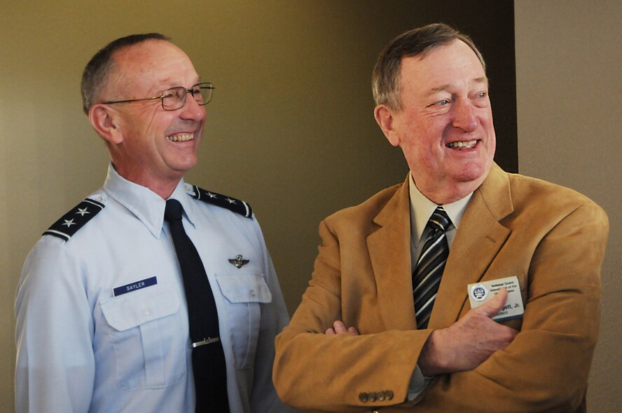 Maj. Gen. Gary Sayler, commanding general Idaho National Guard, with the National Guard Association of the United States President (Maj. Gen., Ret.) Mr. Gus Hargett. Hargett and Lt. Col. (Ret.) Barry B. Bridger were guest speakers at The Adjutant General's Leadership Training Day, Mar. 9, Gowen Field, Boise, Idaho. (U.S. Air Force photo by Tech. Sgt. Becky Vanshur)