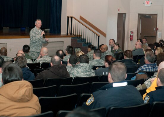 Col. Ricky Rupp, 22nd Air Refueling Wing commander, speaks to civilian personnel during a civilian all-call March 13, 2013, McConnell Air Force Base, Kan. Rupp answered questions regarding the upcoming furlough and its potential effects on civilians. (U.S. Air Force photo/Airman 1st Class Colby L. Hardin)