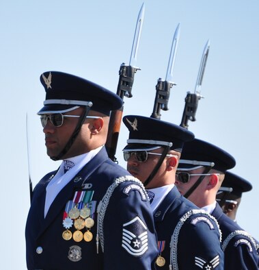 The Air Force Honor Guard Drill Team from Bolling Air Force Base, Washington D.C. performed at the Airey NCO Academy track pad March 13. The demonstration was part of their aggressive recruitment campaign. (U.S. Air Force photo by Airman 1st Class Alex Echols)
