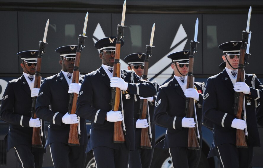 The Air Force Honor Guard Drill Team from Bolling Air Force Base, Washington D.C. performed at the Airey NCO Academy track pad March 13. The demonstration was part of their aggressive recruitment campaign. (U.S. Air Force photo by Airman 1st Class Alex Echols)