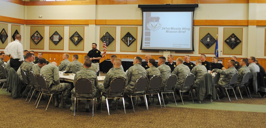 Leadership members of Malmstrom’s 341st Security Forces Group as well as members from local law enforcement agencies across Montana gather at the Grizzly Bend for a camaraderie event. The event featured a mission brief given by the 341st SFG commander, a question and answer segment and a short brief by Col. Robert Stanley, 341st Missile Wing commander.  (U.S. Air Force photo/Senior Airman Cortney Paxton)