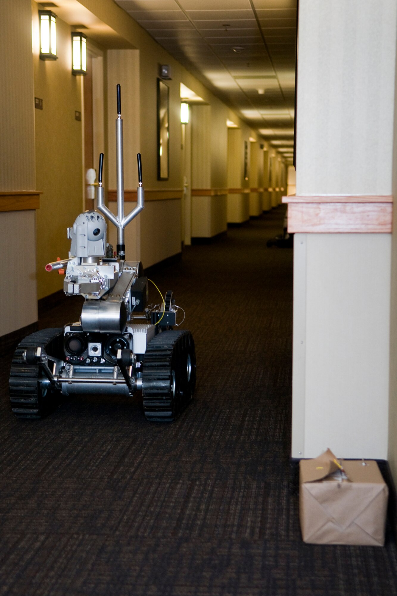GRISSOM AIR RESERVE BASE, Ind. -- An Air Force medium sized robot finds a simulated improvised explosive device during an explosive ordnance disposal training exercise at the Grissom Services Complex here Feb. 21. 434th Civil Engineer Squadron explosives ordnance disposal technicians use robots to examine and render safe potential explosive threats. (U.S. Air Force photo/Tech. Sgt. Mark R. W. Orders-Woempner)
