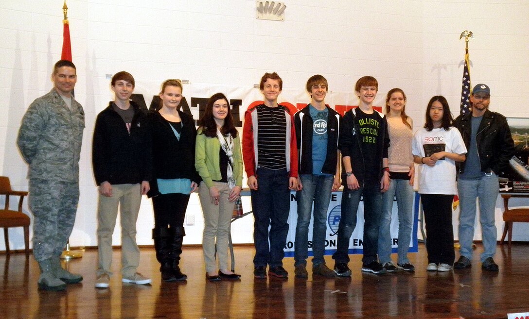 Arnold Engineering Development Complex Commander, Col. Raymond Toth stands with the Tullahoma Chapter Team that will compete in Nashville, including East Middle School student Caden Throneberry, West Middle School students Kelsi Burt and Morgan Anderson, East Middle School students William Kuebitz, Spencer Baxter, Andrew Mares and Kathryn Brosemer, Webb School student Corrina Zhang and Trent Stout, the coach from East Middle School. (Photo provided)