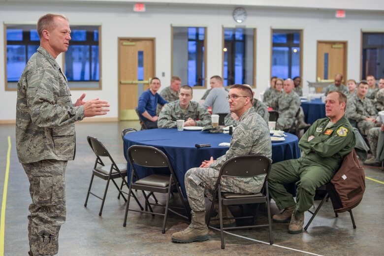 U.S. Air Force Brig. Gen. Mark Kelly, 354th Fighter Wing commander, discusses the necessity of the Air Force Assistance Fund at the base chapel March 11, 2013, Eielson Air Force Base, Alaska.  AFAF was established to provide for an annual effort to raise funds for the charitable affiliates that provide support to the Air Force family in need.  Eielson’s goal for this year’s campaign, which runs through April 19, is $34,364.  (U.S. Air Force photo/Airman 1st Class Peter Reft)
