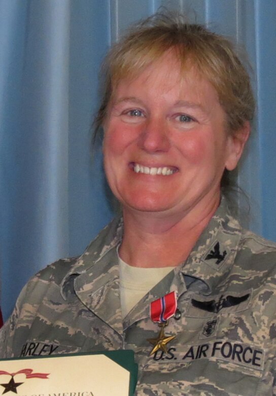 Col. Carole Farley of the 96th Medical Group, was awarded the Bronze Star March 12 at Eglin Air Force Base, Fla. She was honored for meritorious service as the
commander while deployed in support of Operation Enduring Freedom with the 455th
Expeditionary Medical Operations Squadron in Afghanistan.  According to the medal write-up, as the Craig Joint Theater Hospital's 455th EMOS commander, Farley's outstanding performance, expertise and dedication to duty greatly contributed to the overall success of the unit's mission. Her leadership enabled 20,000 outpatient visits, treatment of 1,200 traumas, 1,400 major surgeries and 1,700 intensive care and inpatient admissions supporting injured combatants.  (U.S. Air Force photo/Irene Freiberg)
